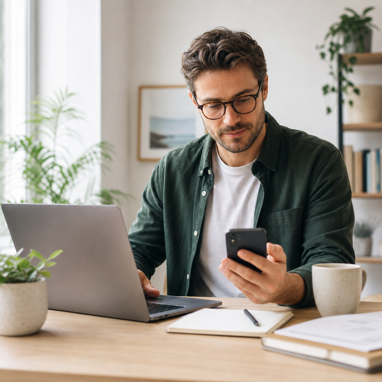Freelance consultant working on a laptop with a smartphone nearby